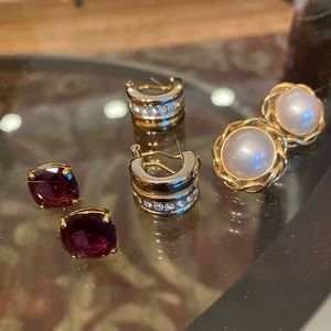 Earrings, gold/crystal, gold/faux pearl & amethyst